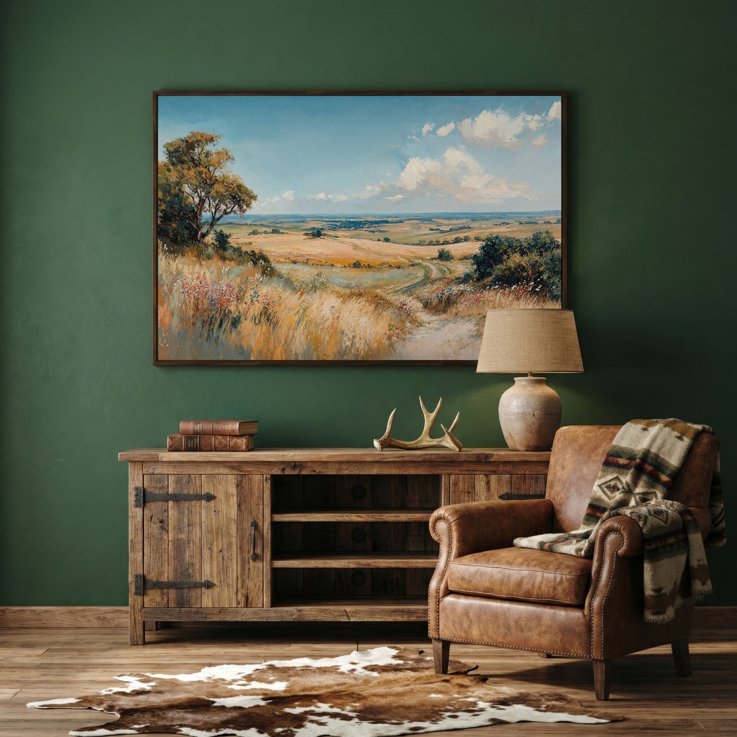 Blue Sky and Rolling Hills Summer Landscape Canvas in dark walnut floating frame