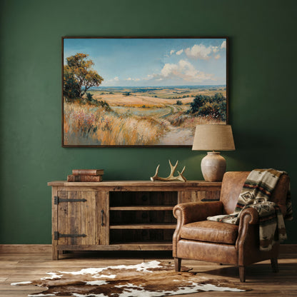 Blue Sky and Rolling Hills Summer Landscape Canvas in dark walnut floating frame