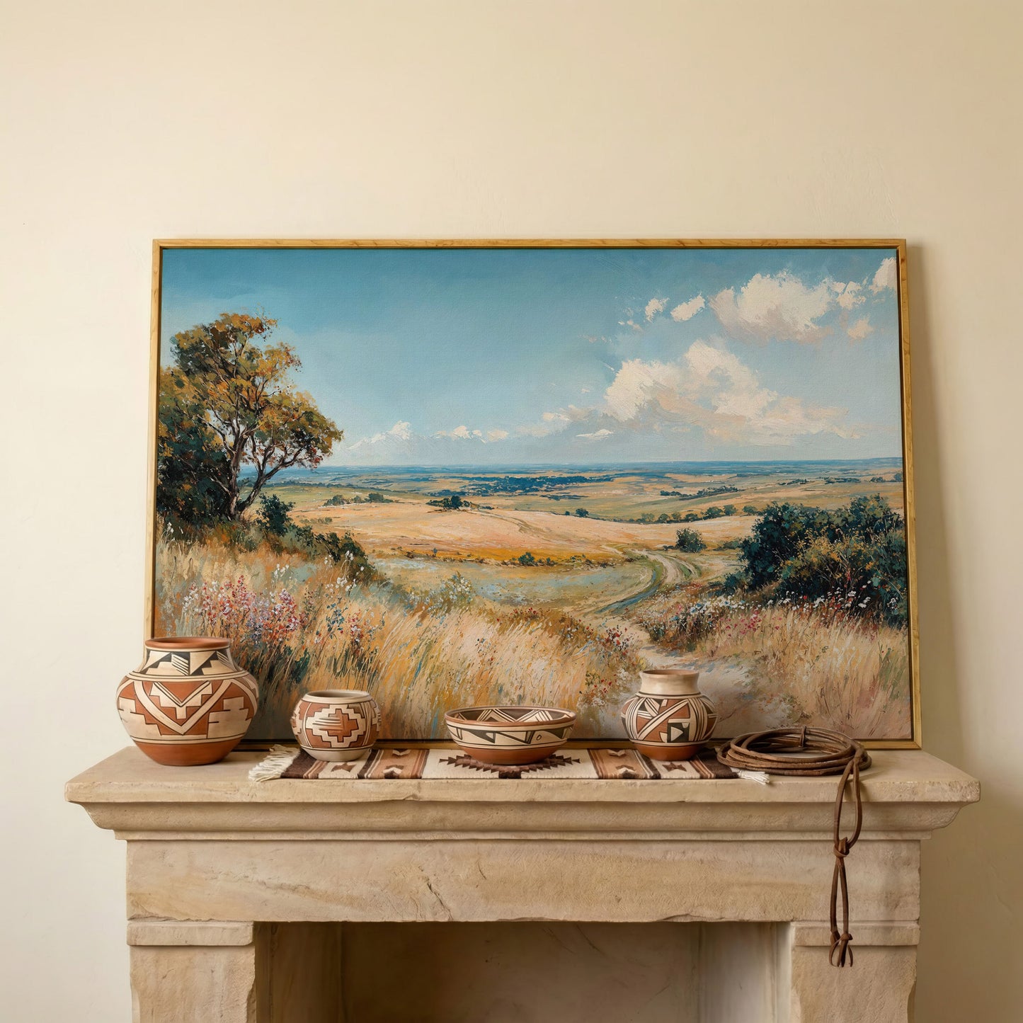 Blue Sky and Rolling Hills Summer Landscape Canvas in white oak floating frame
