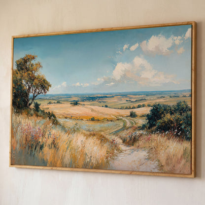 Blue Sky and Rolling Hills Summer Landscape Canvas shown in white oak floating frame