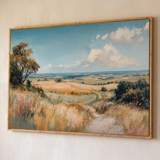 Blue Sky and Rolling Hills Summer Landscape Canvas shown in white oak floating frame