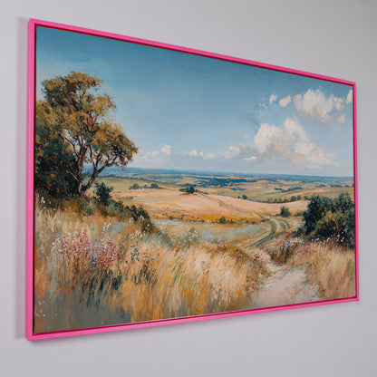 Blue Sky and Rolling Hills Summer Landscape Canvas in pink floating frame