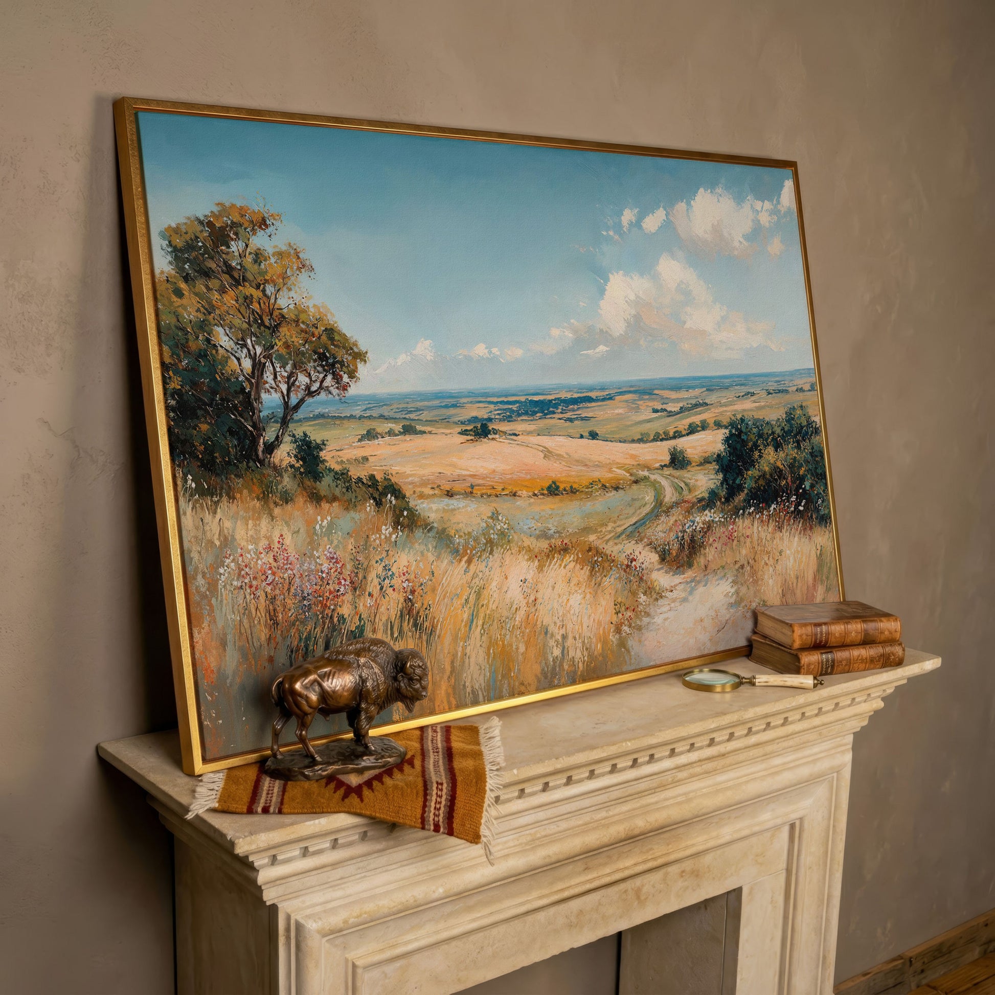 Blue Sky and Rolling Hills Summer Landscape Canvas in rose gold floating frame
