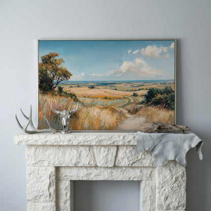 Blue Sky and Rolling Hills Summer Landscape Canvas in silver floating frame