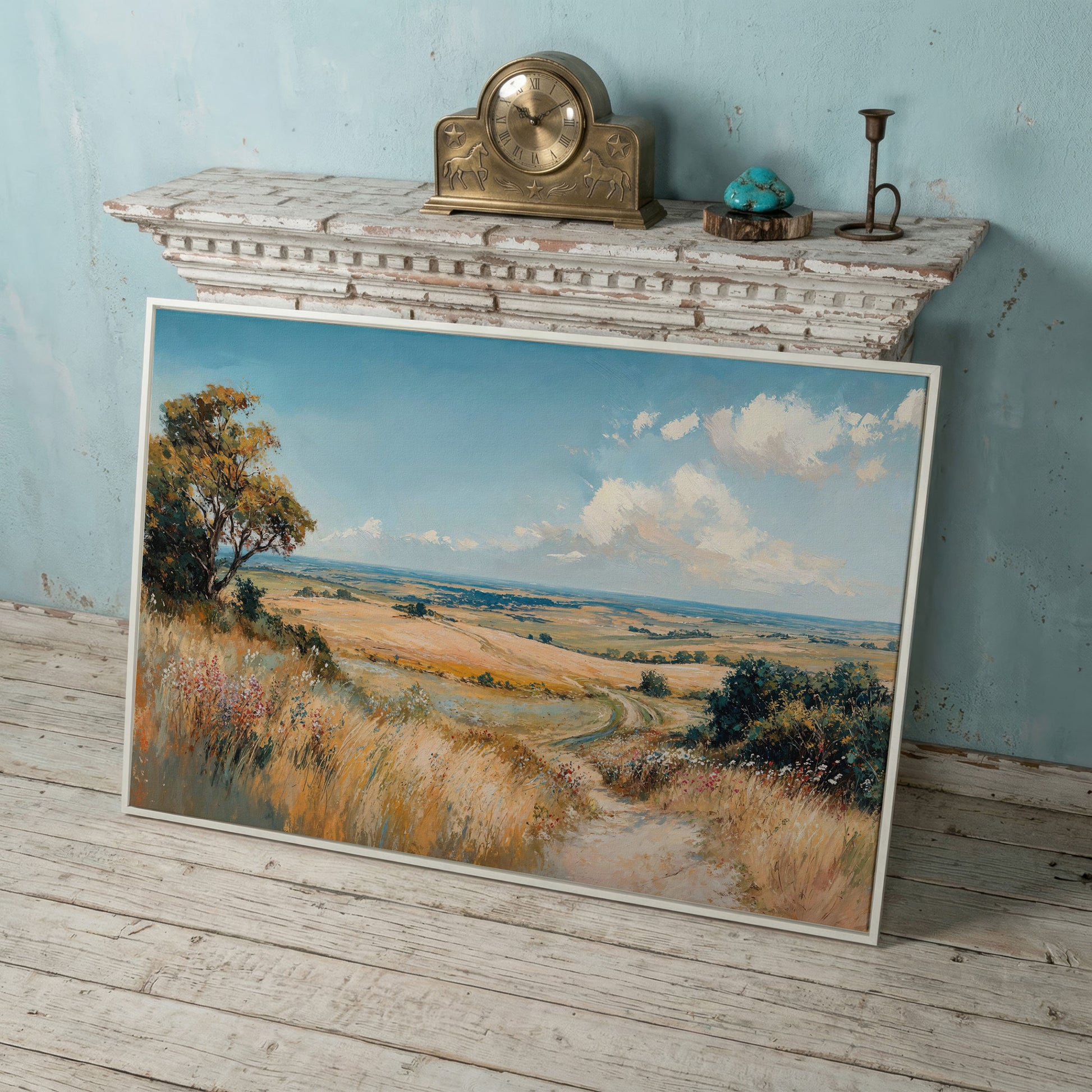 Blue Sky and Rolling Hills Summer Landscape Canvas in white floating frame