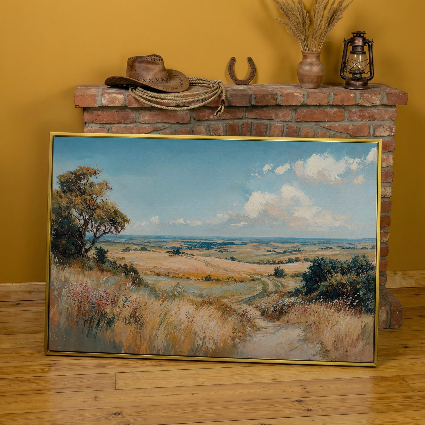 Blue Sky and Rolling Hills Summer Landscape Canvas in yellow gold floating frame