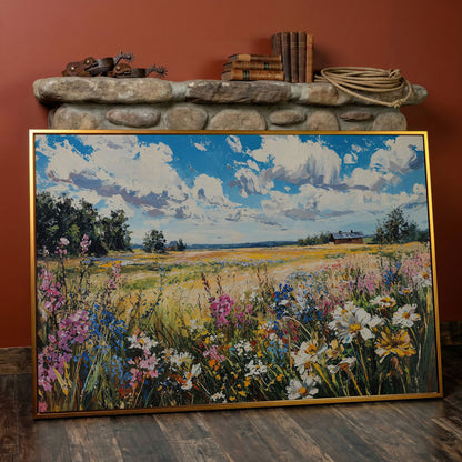 Wildflower Field Canvas Wall Art in antique gold floating frame
