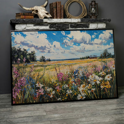 Wildflower Field Canvas Wall Art in black floating frame