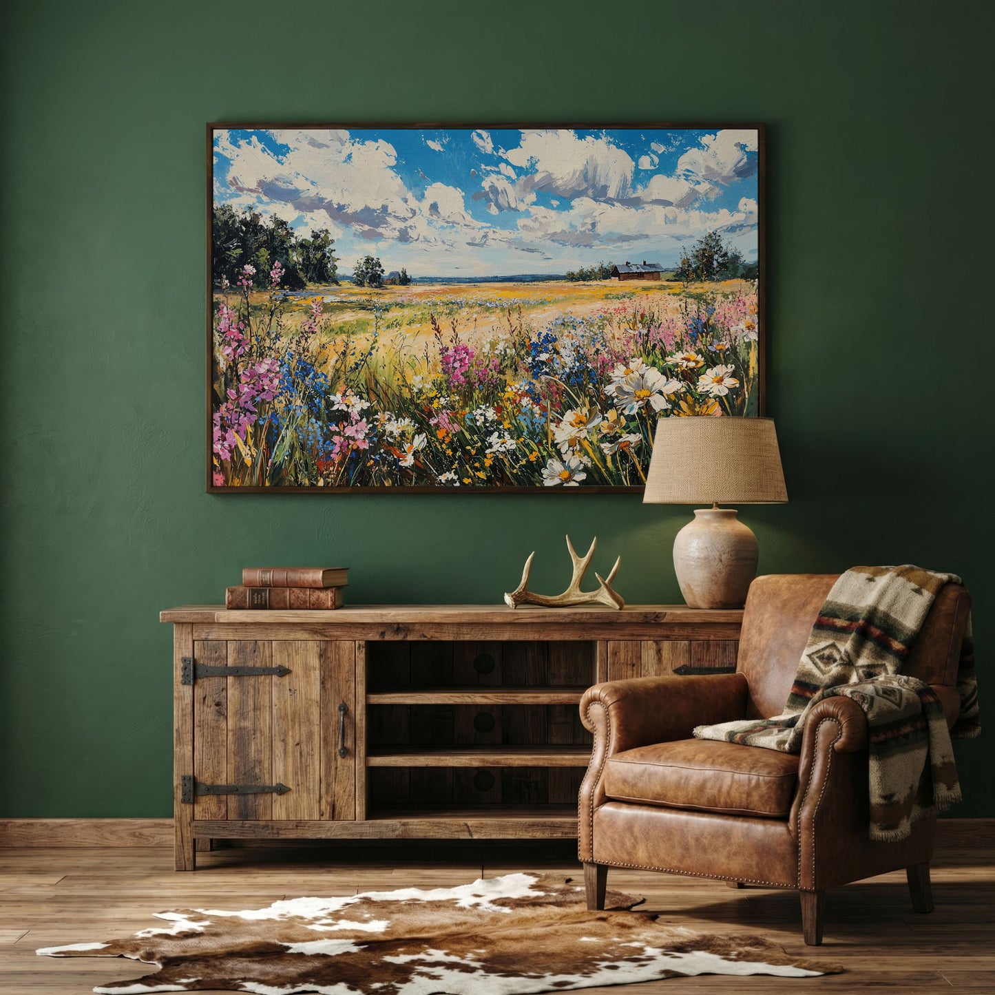 Wildflower Field Canvas Wall Art in dark walnut floating frame