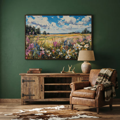 Wildflower Field Canvas Wall Art in dark walnut floating frame