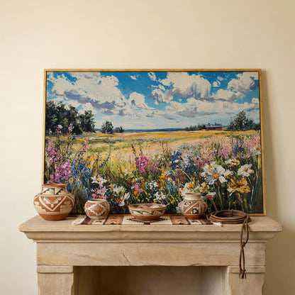 Wildflower Field Canvas Wall Art in white oak floating frame