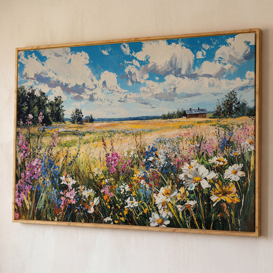 Wildflower Field Canvas Wall Art shown in white oak floating frame