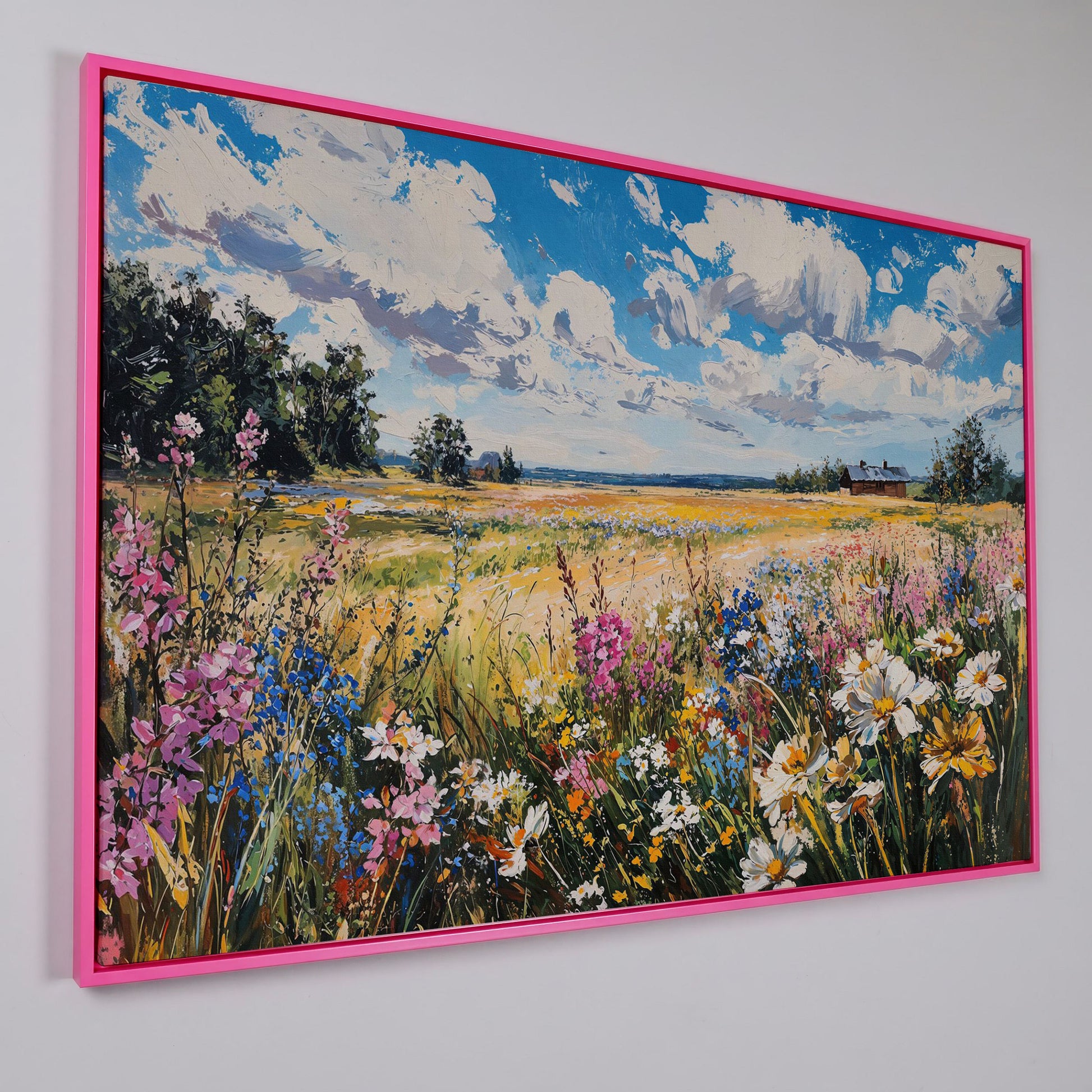 Wildflower Field Canvas Wall Art in pink floating frame