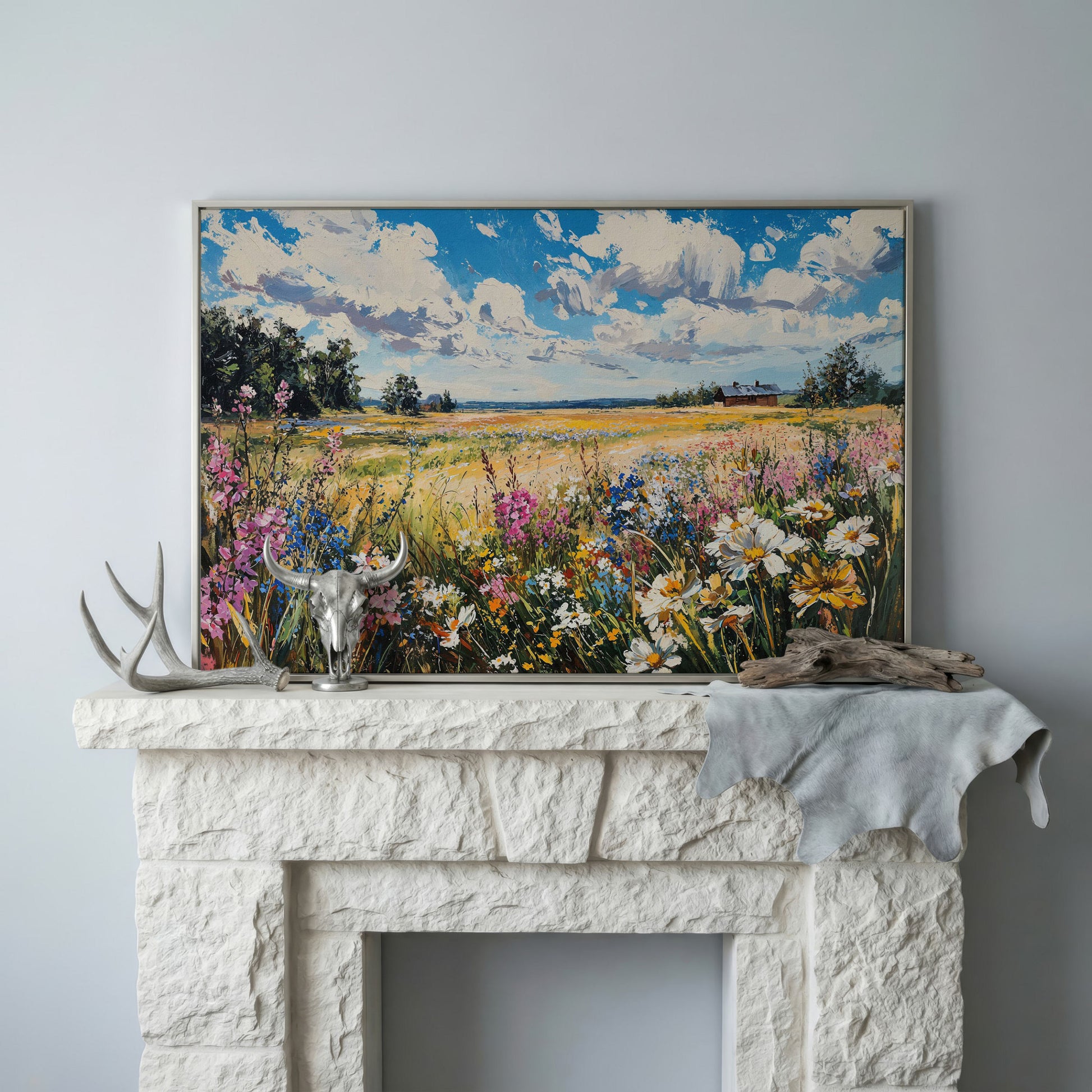 Wildflower Field Canvas Wall Art in silver floating frame