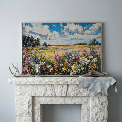 Wildflower Field Canvas Wall Art in silver floating frame