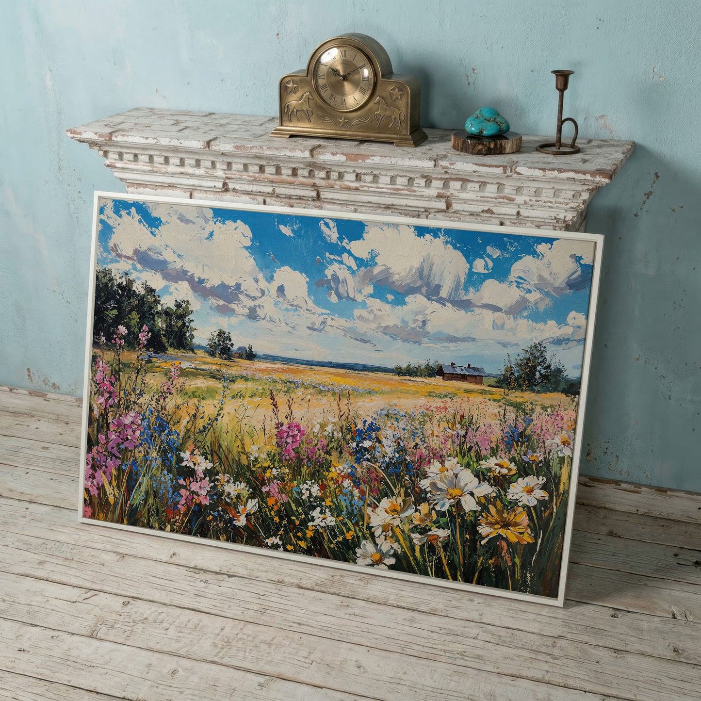 Wildflower Field Canvas Wall Art in white floating frame