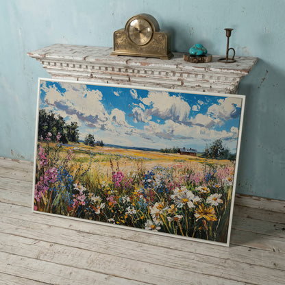 Wildflower Field Canvas Wall Art in white floating frame