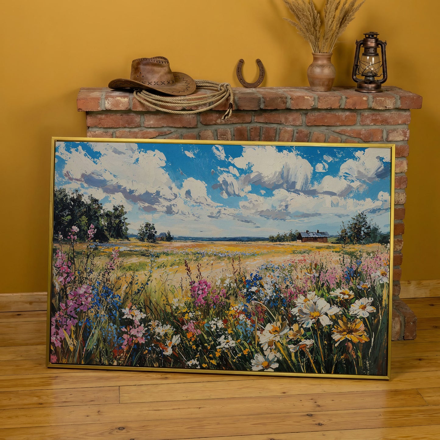 Wildflower Field Canvas Wall Art in yellow gold floating frame