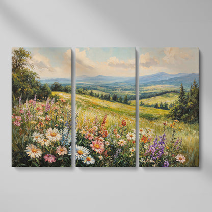 Wildflower Landscape Canvas Print with Mountain View as 3-panel split version