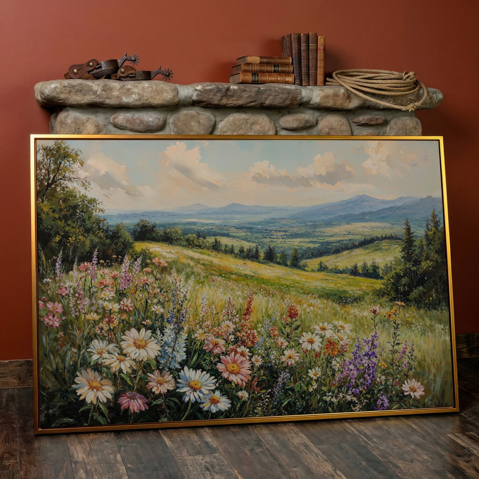 Wildflower Landscape Canvas Print with Mountain View in antique gold floating frame