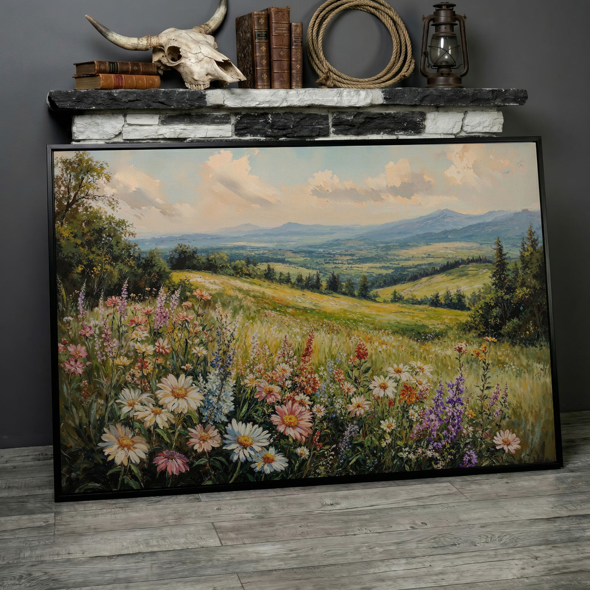Wildflower Landscape Canvas Print with Mountain View in black floating frame
