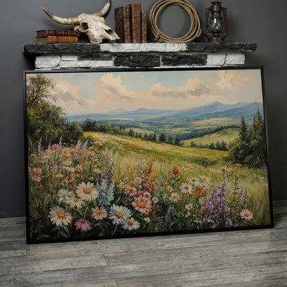 Wildflower Landscape Canvas Print with Mountain View in black floating frame
