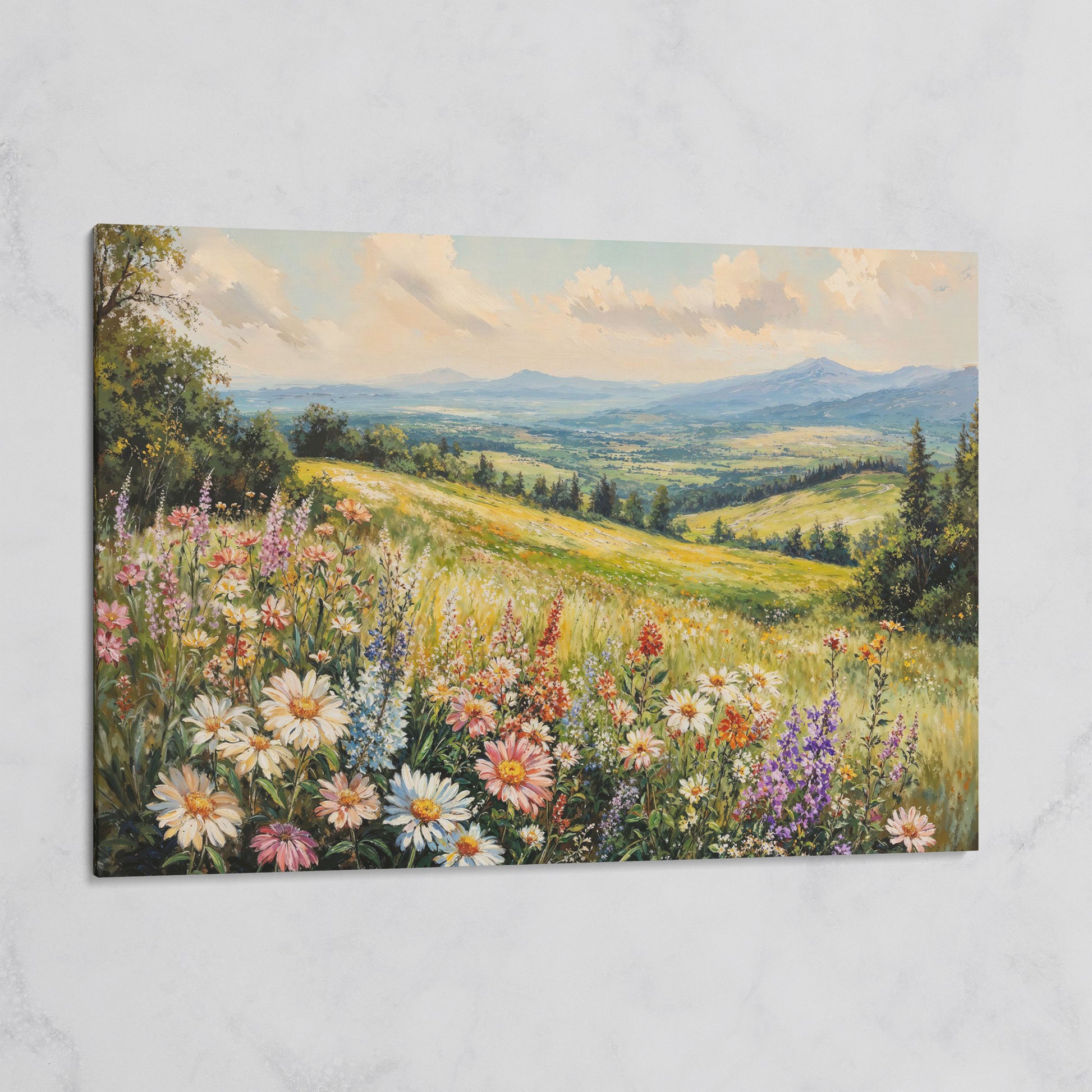 Wildflower Landscape Canvas Print with Mountain View on gallery wrap