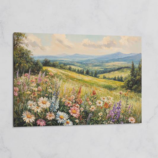 Wildflower Landscape Canvas Print with Mountain View on gallery wrap