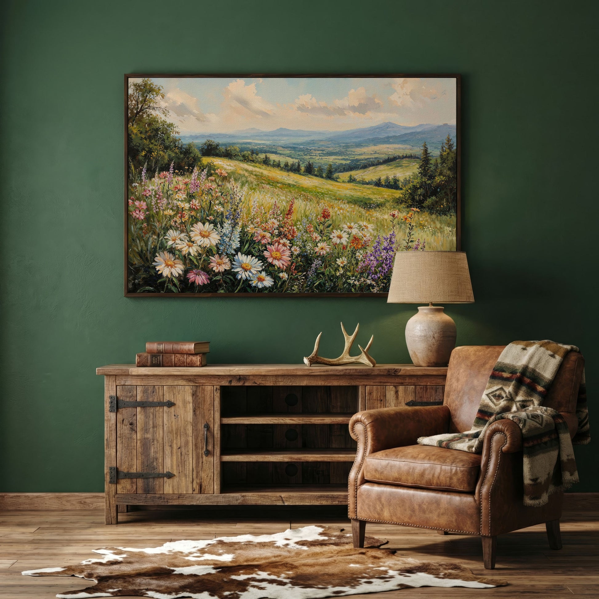Wildflower Landscape Canvas Print with Mountain View in dark walnut floating frame