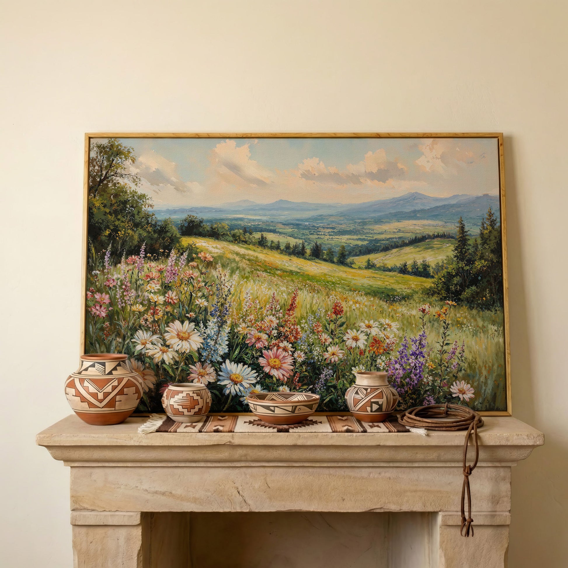 Wildflower Landscape Canvas Print with Mountain View in white oak floating frame