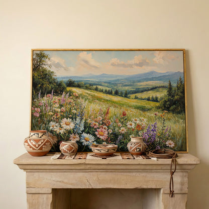 Wildflower Landscape Canvas Print with Mountain View in white oak floating frame