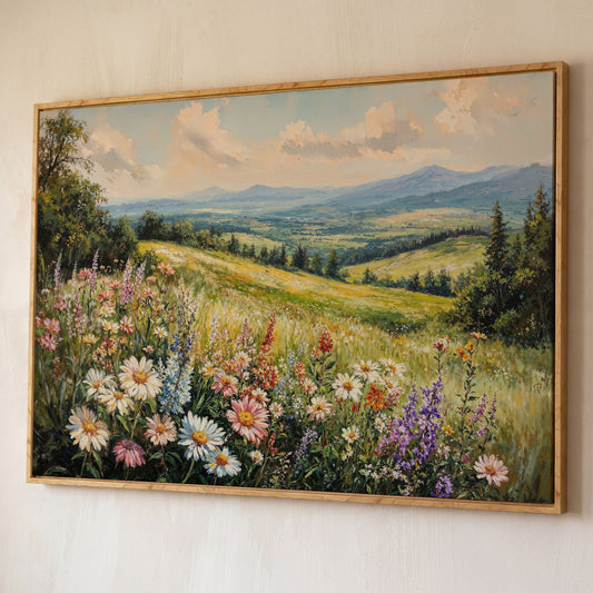 Wildflower Landscape Canvas Print with Mountain View shown in white oak floating frame