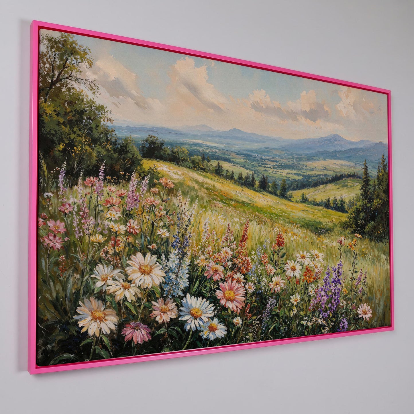 Wildflower Landscape Canvas Print with Mountain View in pink floating frame