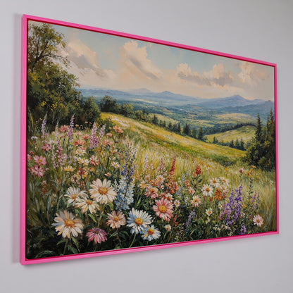 Wildflower Landscape Canvas Print with Mountain View in pink floating frame