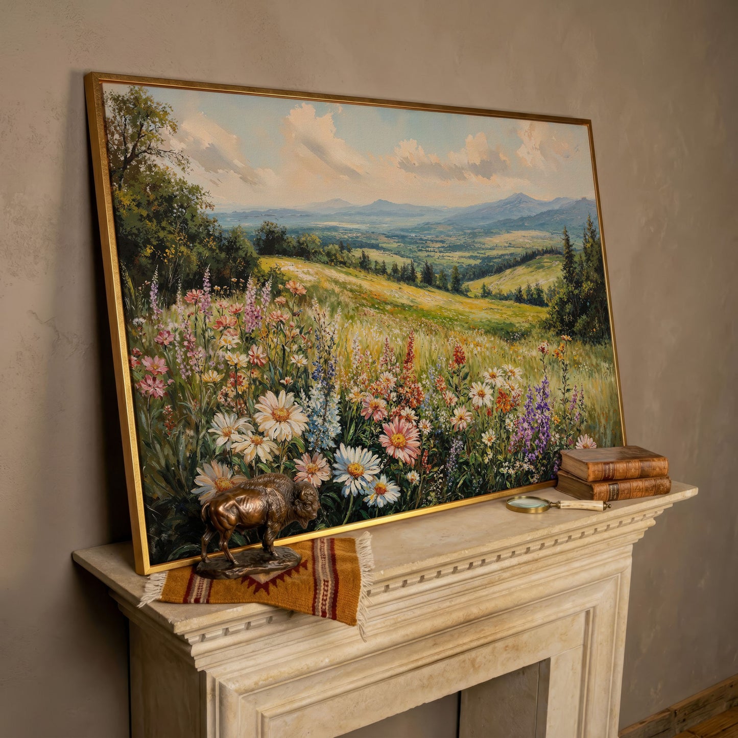 Wildflower Landscape Canvas Print with Mountain View in rose gold floating frame