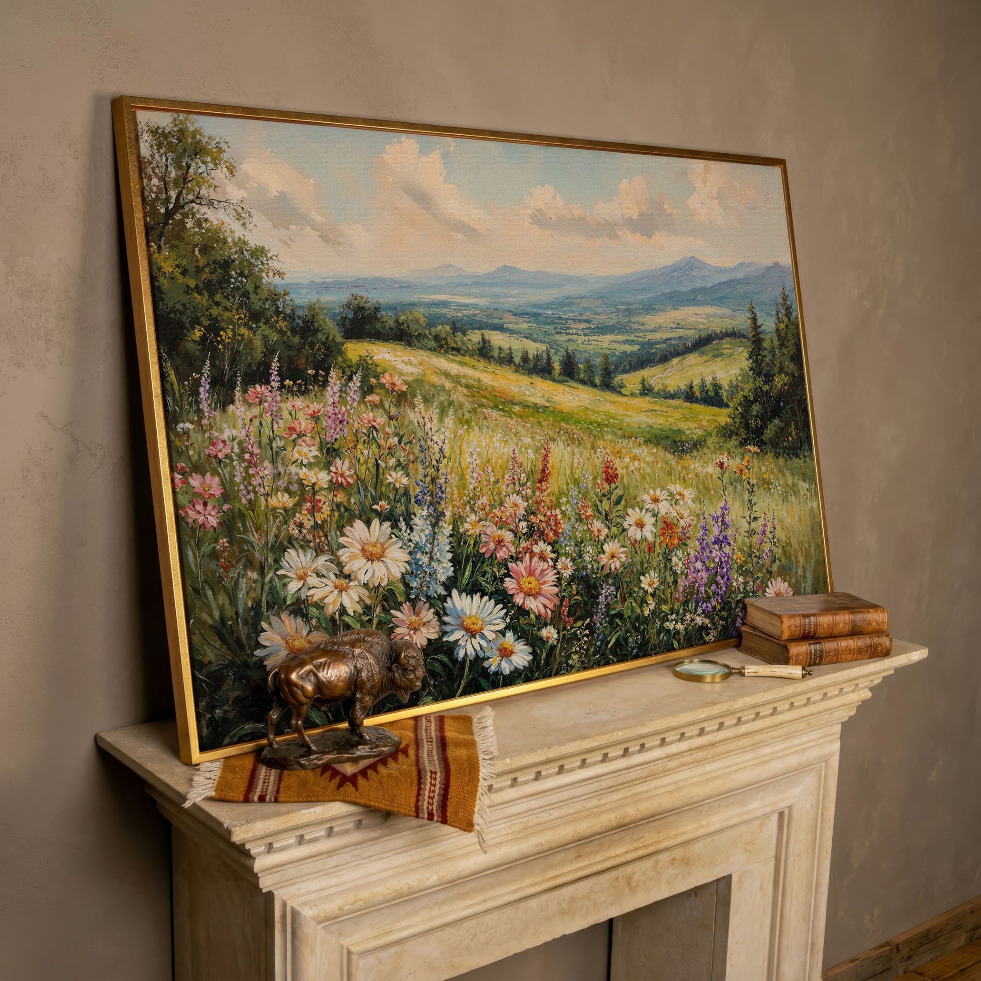 Wildflower Landscape Canvas Print with Mountain View in rose gold floating frame