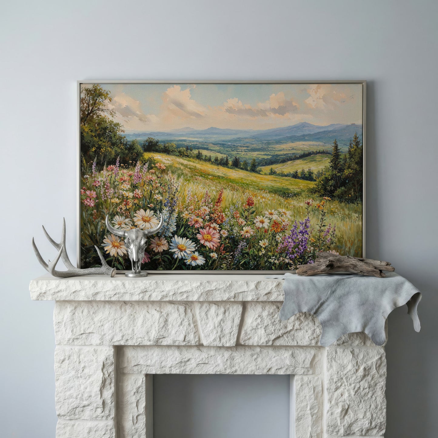 Wildflower Landscape Canvas Print with Mountain View in silver floating frame