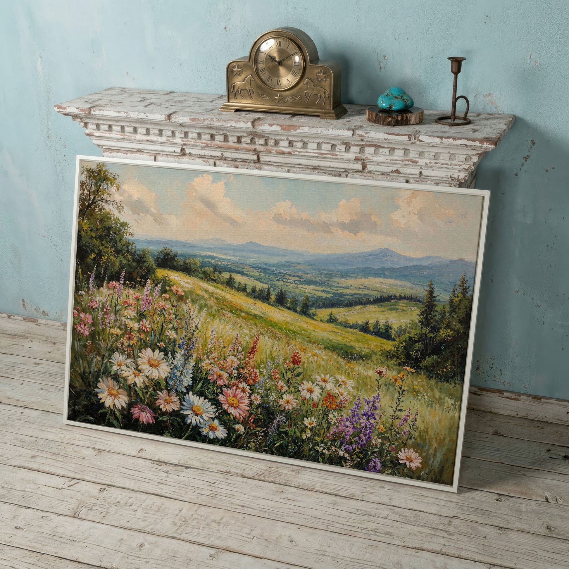 Wildflower Landscape Canvas Print with Mountain View in white floating frame
