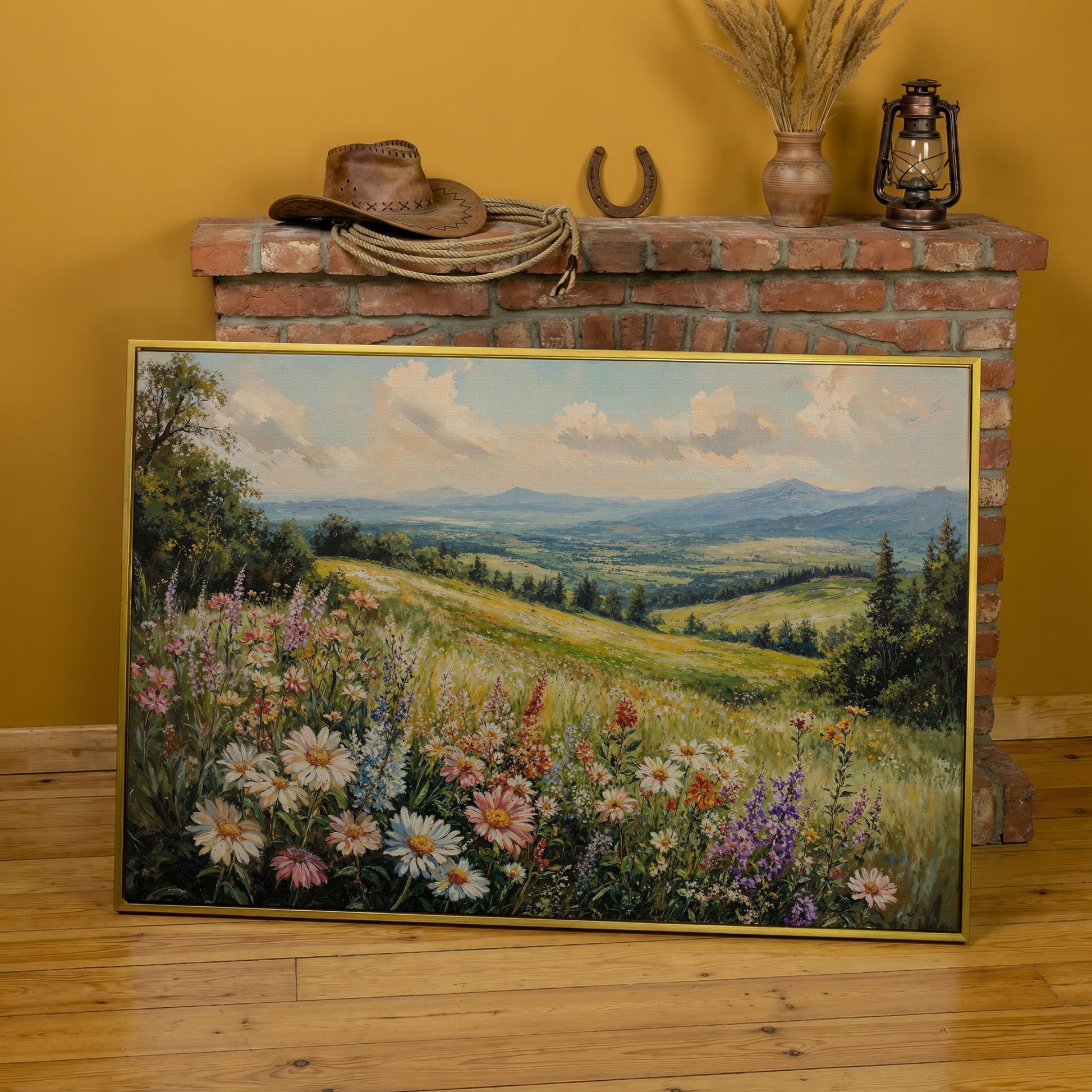 Wildflower Landscape Canvas Print with Mountain View in yellow gold floating frame