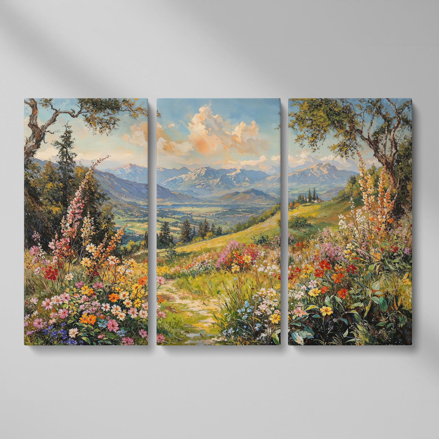 Serene Mountain Meadow Canvas as 3-panel split version