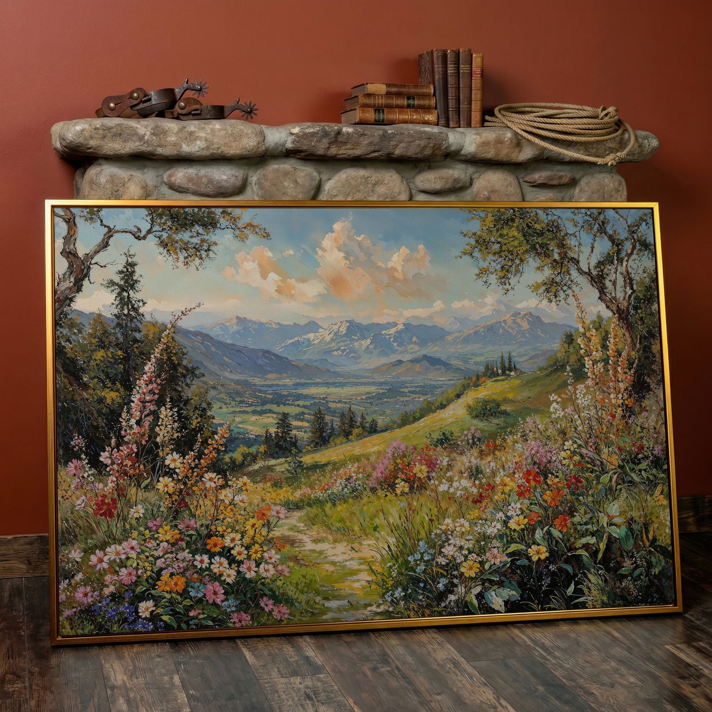 Serene Mountain Meadow Canvas in antique gold floating frame