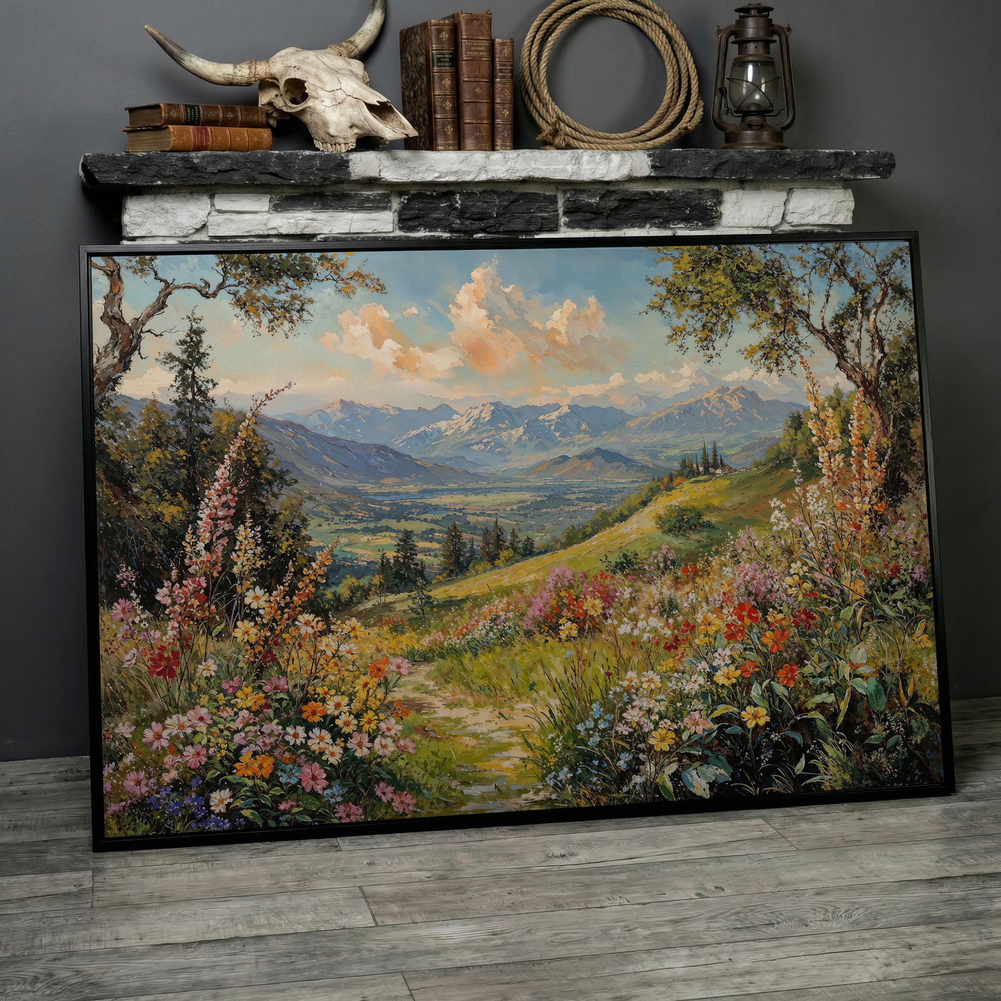 Serene Mountain Meadow Canvas in black floating frame