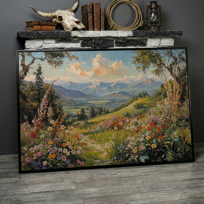 Serene Mountain Meadow Canvas in black floating frame