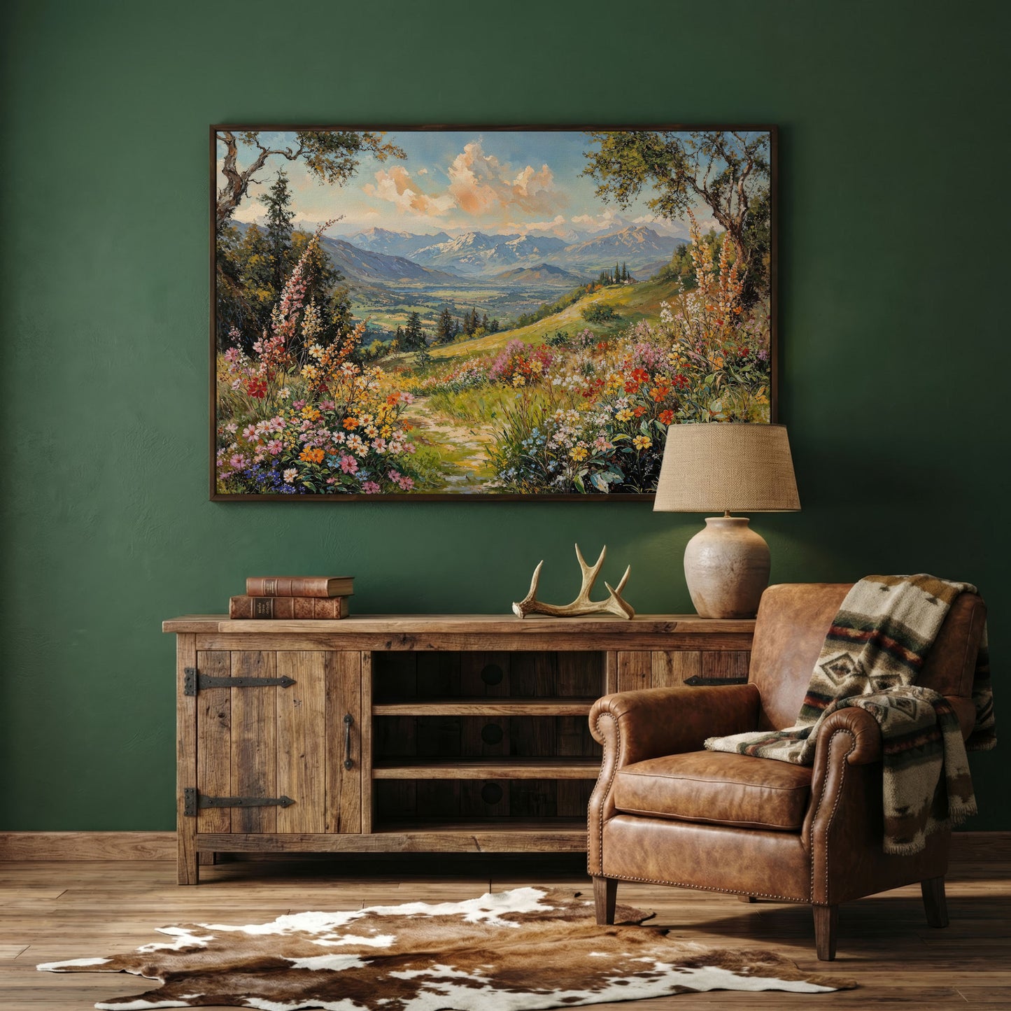 Serene Mountain Meadow Canvas in dark walnut floating frame