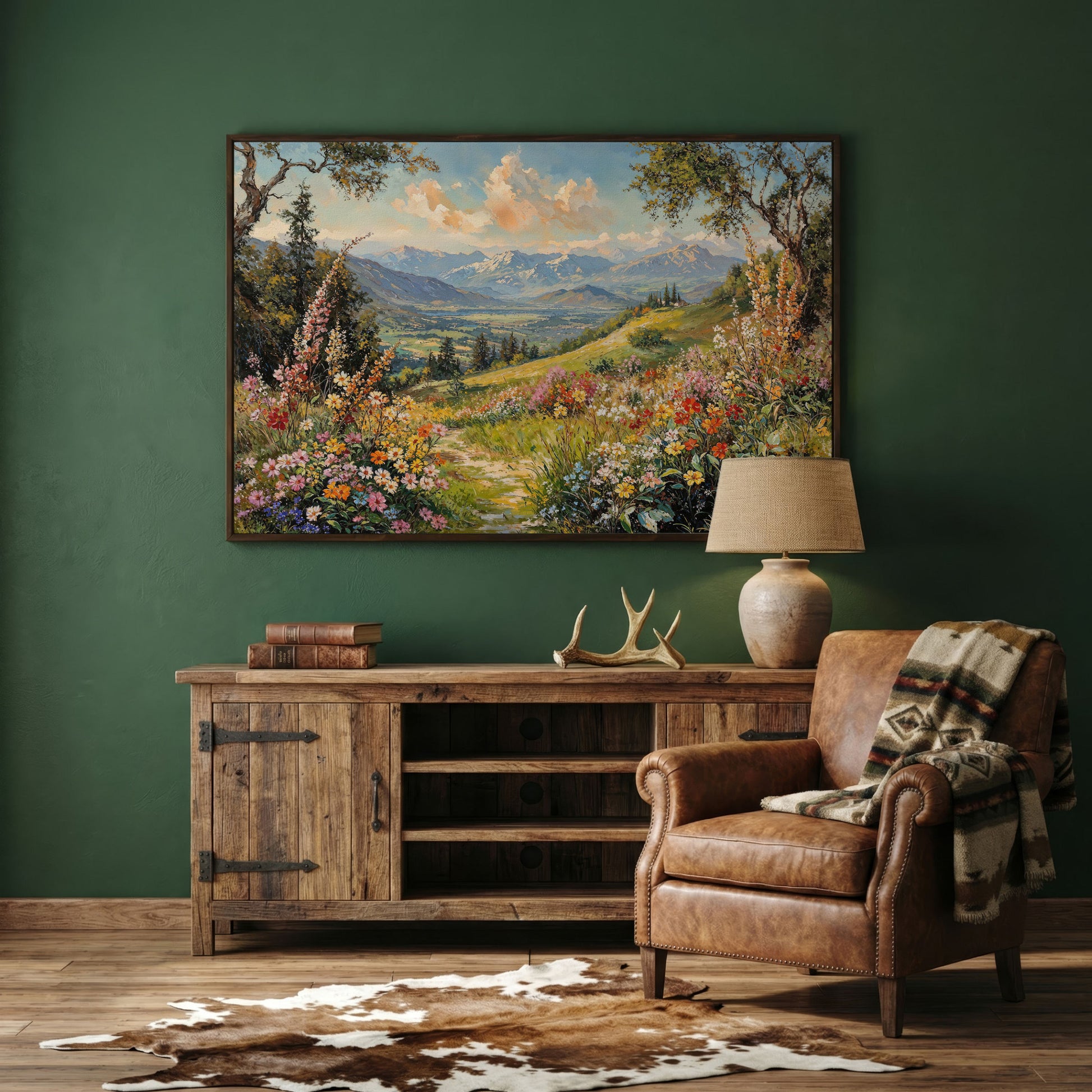 Serene Mountain Meadow Canvas in dark walnut floating frame