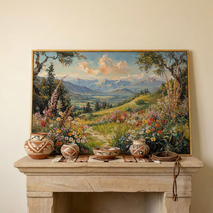 Serene Mountain Meadow Canvas in white oak floating frame