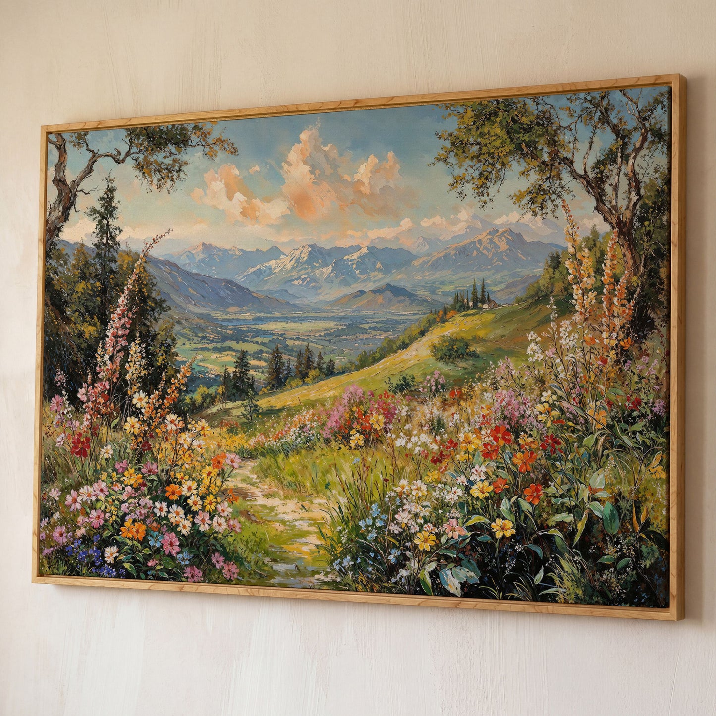 Serene Mountain Meadow Canvas shown in white oak floating frame