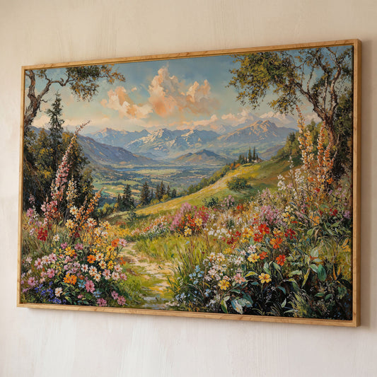 Serene Mountain Meadow Canvas shown in white oak floating frame