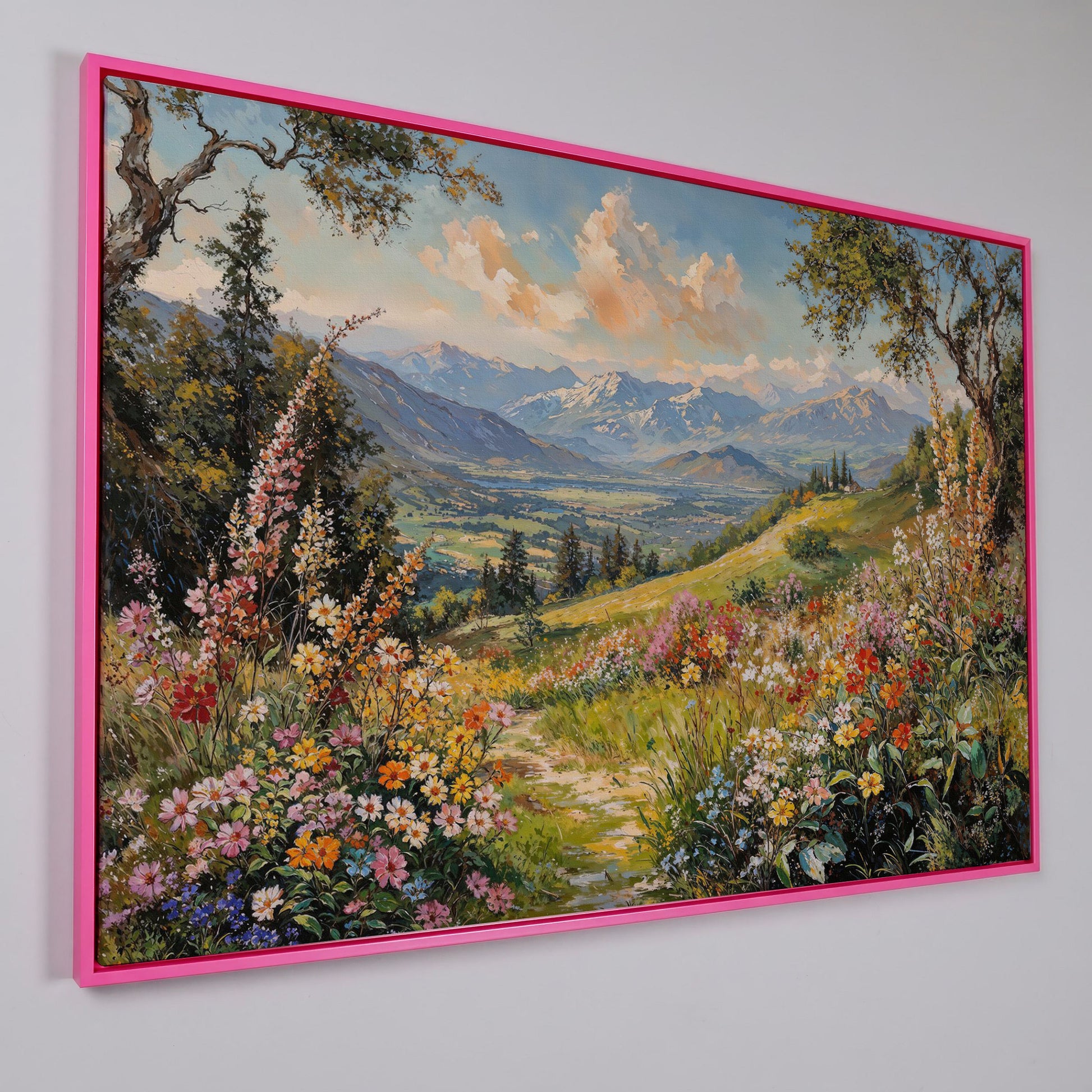 Serene Mountain Meadow Canvas in pink floating frame