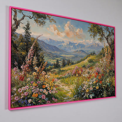 Serene Mountain Meadow Canvas in pink floating frame
